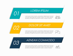 Three-tiered stepped infographic with labeled colored banners, placeholder text, and icons. Vector illustration.
