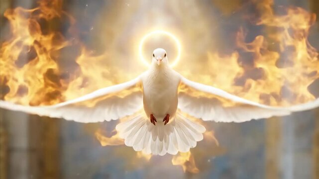 White dove flying with halo and fire in church. Symbol of Holy Spirit representing divinity and peace. Religious christian visual for worship and sacred event.