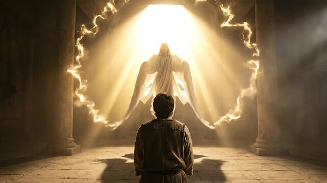 Man kneeling before a radiant angel in a stone temple. Divine encounter with a celestial being surrounded by light. Religious and spiritual revelation concept.