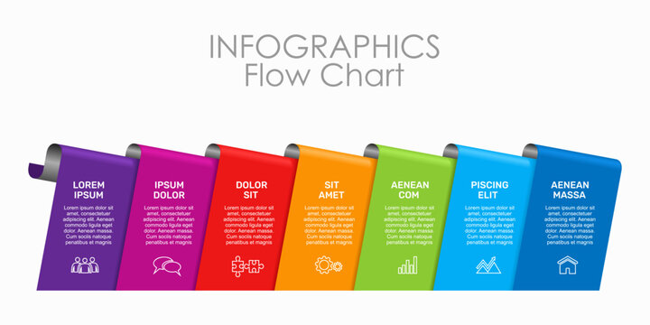 Modern 7-step infographic with gradient ribbons, icons, and text blocks perfect for business processes. Vector illustration.