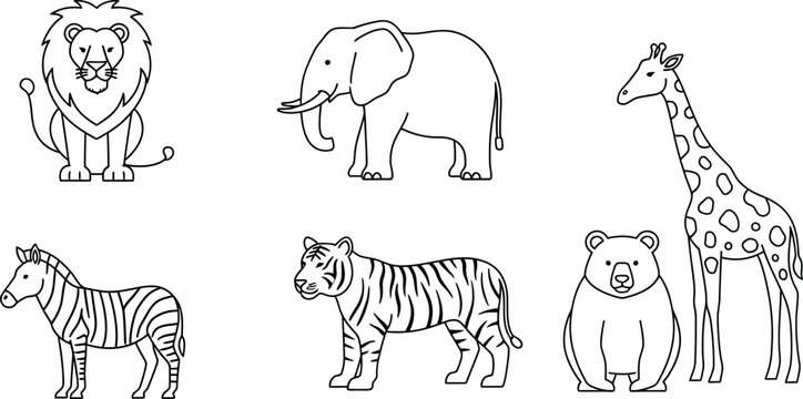 Black and white outline drawings of various wild animals including a lion elephant zebra tiger giraffe and bear icons