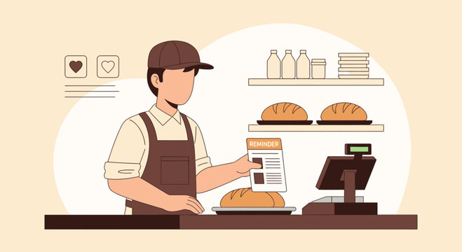 Baker holding order list at counter with bread and cash register in bakery