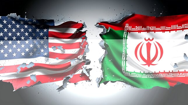 USA and Iran flags clashing with torn fabric effect on grey background