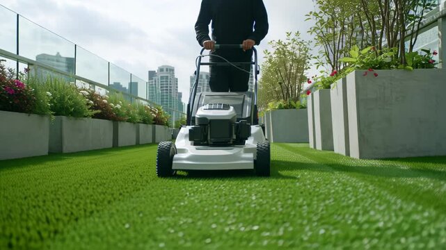 Person mowing a green artificial lawn in an urban outdoor setting with city buildings in the background.