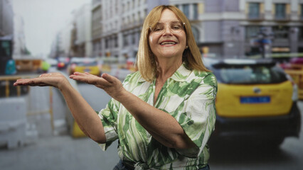 Woman holding palms up in a presenting gesture on a busy city street with yellow taxis and construction barriers  welcoming cheerful. © Krakenimages.com