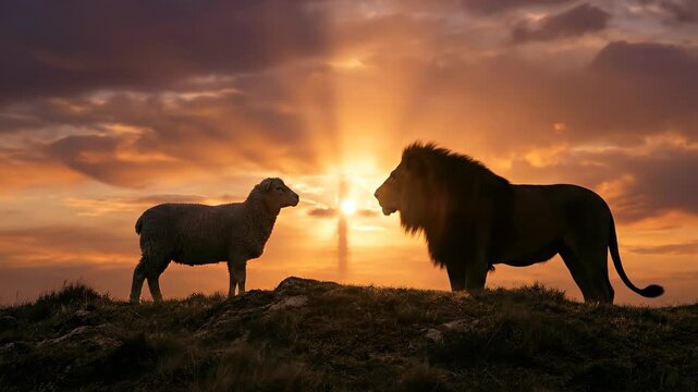 Silhouette of lion and lamb standing against sunset sky with divine cross. Biblical scene representing peace and salvation. Christian spiritual worship concept.
