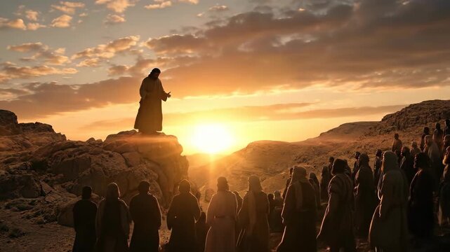 Jesus standing on a rock preaching to a crowd at sunset. Biblical scene of a spiritual leader teaching followers in a desert landscape. Christian faith concept.