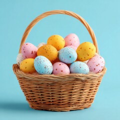 Fototapeta premium Woven Easter basket overflowing with colorful speckled eggs on a bright blue background
