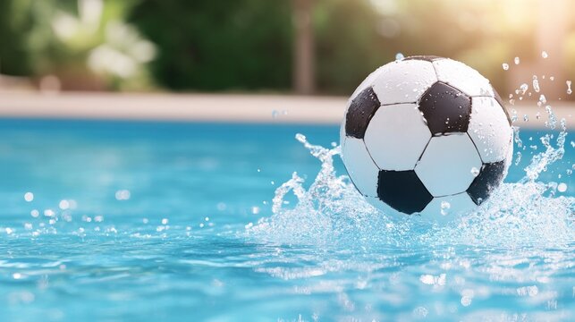 Soccer ball splashing in clear blue swimming pool water with sunlight