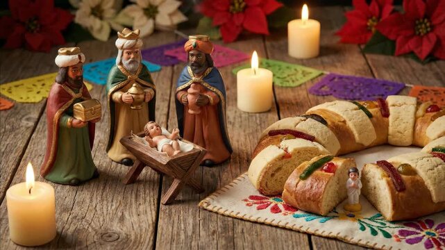 Wise men figurine and baby Jesus in manger with rosca de reyes bread on wooden table. Epiphany celebration traditional scene for religious festival observation.