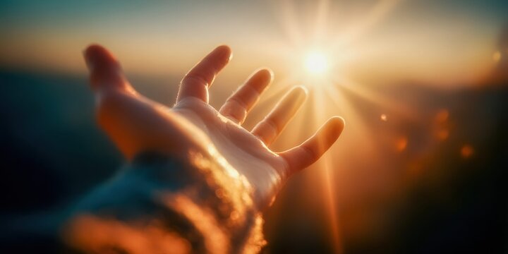 Reaching out to the sun with an open hand during a beautiful golden hour sunset
