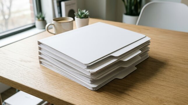 Stack of white document folders on a wooden desk