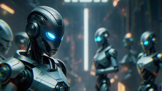 Futuristic robots with glowing blue eyes standing in a row