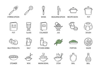 Fototapeta premium Minimalist kitchen icon set, 24 cooking line icons in EPS format, modern culinary equipment and food preparation symbols for recipe apps