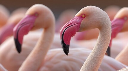 Naklejka premium Close-up portrait of a flock of elegant pink flamingos with distinctive curved beaks