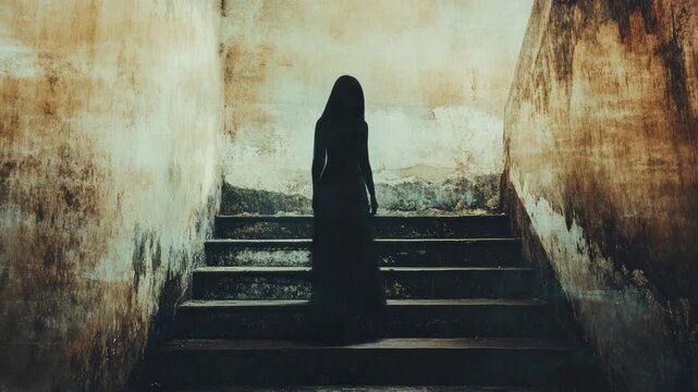 Mysterious female figure wearing long dark dress ascending worn staircase inside decaying abandoned structure, radiating haunting supernatural presence with shadowy, eerie ambiance