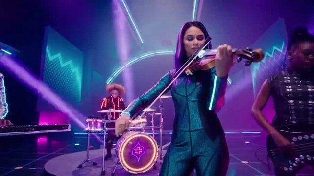 Female violinist performs with male keyboardist and guitarist on stage