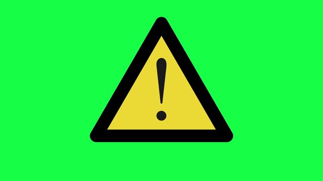pop up caution warning yellow triangle with a black exclamation mark symbol and black border outline highway hazard danger road sign pop up animation isolated on a chroma key green screen background