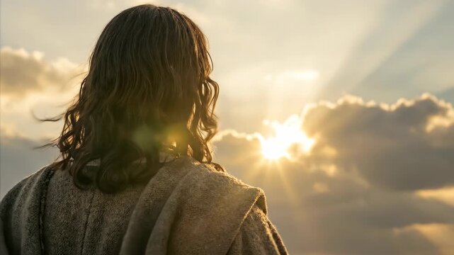 Jesus stands in robe looking at sunset sky with bright rays of light. Man in traditional clothing witnessing divine glow. Cinematic religious scene for worship.