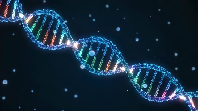 DNA strand with glowing nucleotides undergoing precise gene editing as genetic segment detaches and reconnects forming corrected sequence in microscopic environment. Genetic engineering research