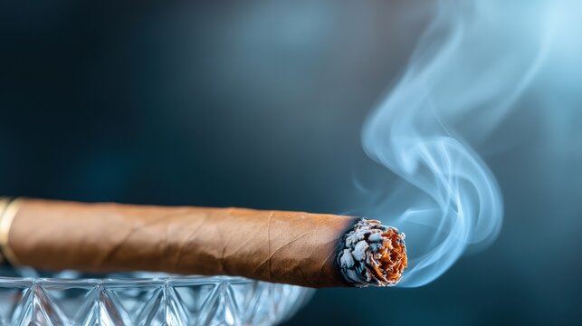 Glowing cigar with wisps of smoke in ashtray