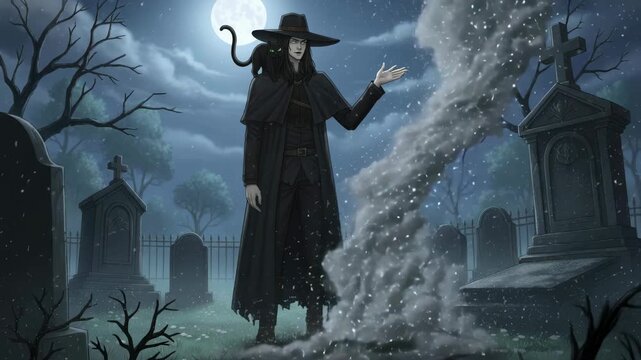 Mysterious sorcerer in moonlit graveyard summons enchanting mist