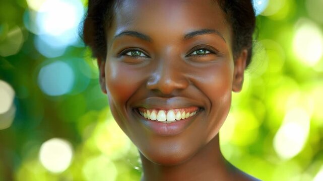 Radiant smiles in sunlit garden with natural bokeh
