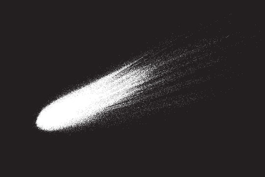 Realistic comet vector background. Sharp white nucleus and a distinct tail made of fine white lines and dots against.