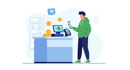 Fototapeta premium Customer paying with smartphone at checkout counter using contactless payment technology