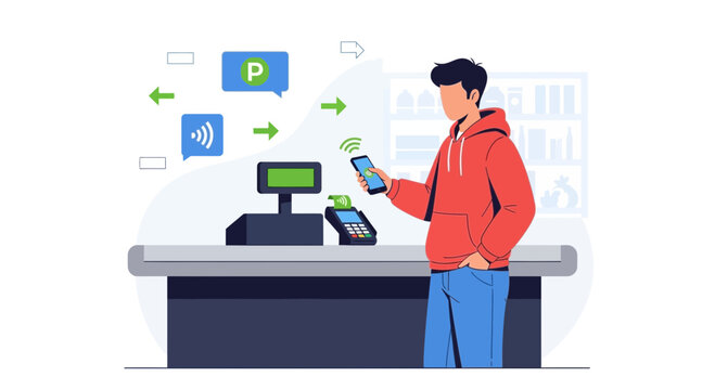 Customer paying with smartphone at checkout using contactless payment technology