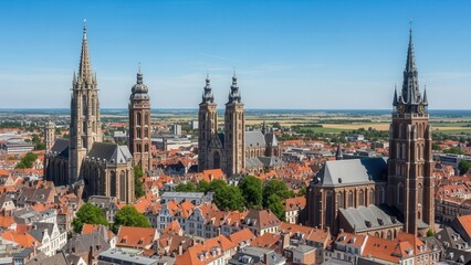 Obraz premium Aerial view of a medieval town with historic churches and buildings surrounded by green trees and red roofs under a clear blue sky.