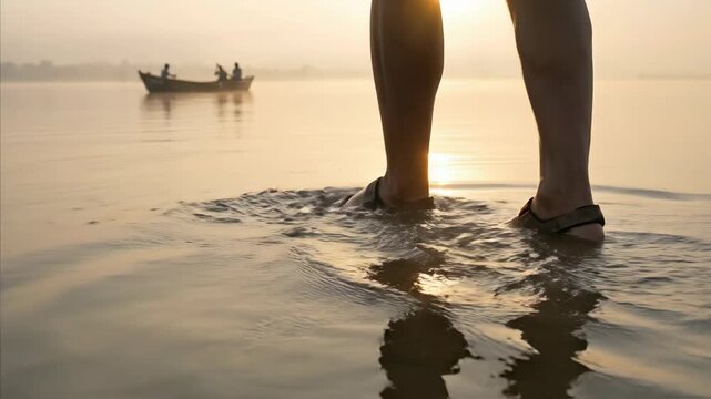 Man walking on water surface during peaceful sunrise. Religious concept of Jesus Christ miracle. Calm river landscape with small boat in background at dawn light.