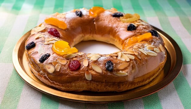 Roscon De Reyes Tipico Espanol Encima De Una Meda Sin Relleno Y Adornado Con Frutos Secos Almendras Y Frutas Escarchadas Secome En Navidad Para Celebrar El Dia De Reyes El 6 De Enero