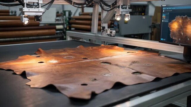 Medium shot capturing intelligent camera technology analyzing leather hides distinguishing usable upholstery panels from flawed regions to optimize material usage during