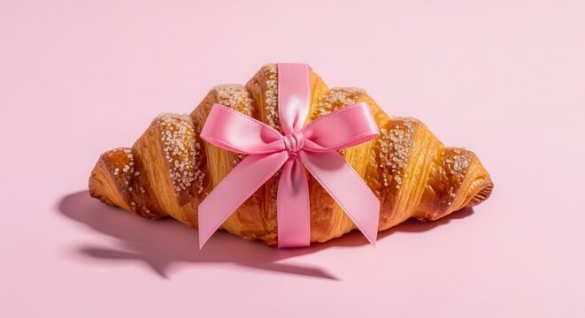 A delicious breakfast croissant with pink ribbon on a pastel background