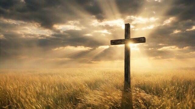 Wooden cross standing in golden wheat field illuminated by divine sunbeams. Christian religious symbol of faith hope and resurrection with heaven light in sky.