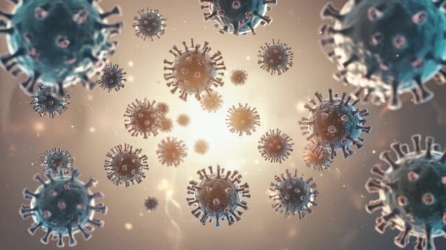 Immune cells drifting slowly through fluid bloodstream environment while damaged pathogen fragments remain suspended after elimination of infection. Microscopic scene showing resolved immune response