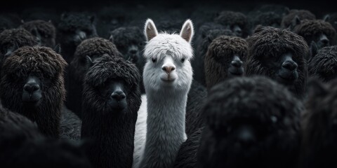 Fototapeta premium Unique white alpaca stands out among a dark herd, symbolizing individuality and difference