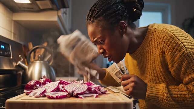 A woman focused on a recipe in a warm kitchen, dressed in a soft sweater. She studies a packet closely, onions and vibrant vegetables creating a lively scene filled with steam and culinary excitement.