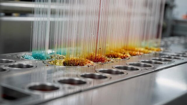 Close medium shot capturing the bright polyester staple fiber extrusion with vibrant glossy filaments emerging steadily from spinneret holes under controlled factory lighting.