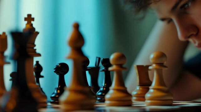 Determined chess player concentrating deeply, analyzing intricate game strategies while seated at tournament table, fingers poised near chess pieces during intense competitive match