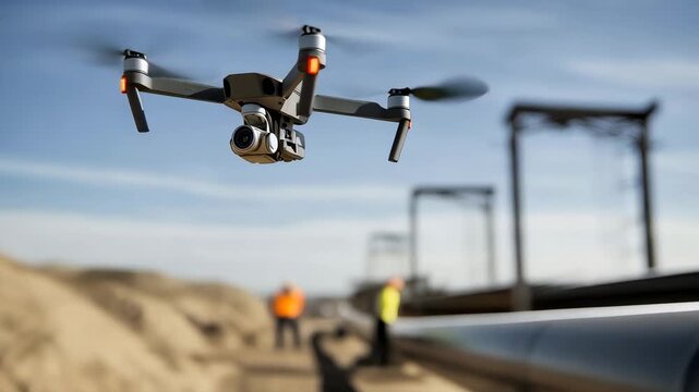 Professional drone hovering above pipeline construction site, recording workers installing industrial infrastructure with modern aerial technology and bright cloudless sky