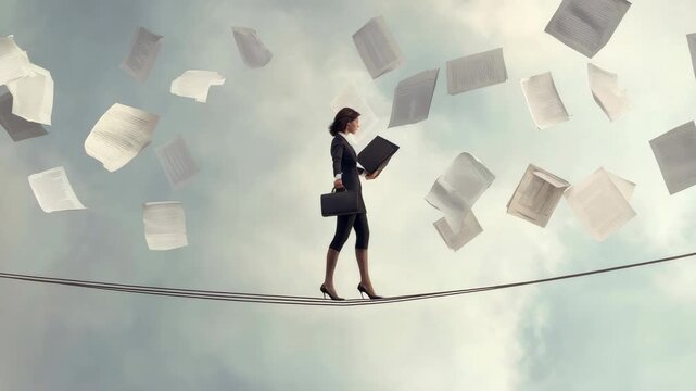 Businesswoman balancing precariously on tightrope, carrying briefcase and laptop, surrounded by scattered papers against dramatic sky background, representing professional challenges