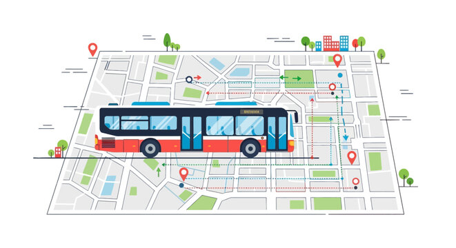 A city bus traveling on a detailed urban map with navigation pins and routes, illustrating public transport and smart city concepts.