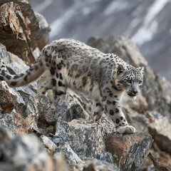 Fototapeta premium Snow Leopard Walking on Rocky Mountain Terrain in Natural Wildlife Habitat
