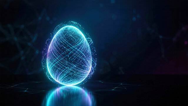 Glowing digital egg made of neon lines and network grid on dark background, futuristic technology concept, innovation and artificial intelligence theme, Easter.