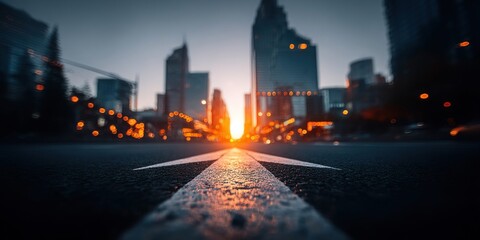 Obraz premium Low angle view of a city street with a white arrow marking the road at sunset
