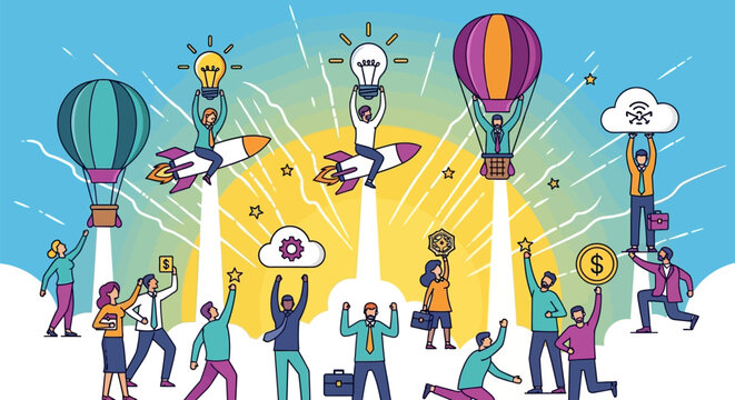 People Launching Ideas with Creative Objects.