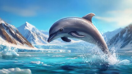 Fototapeta premium Majestic dolphin leaps from icy arctic waters with snow-capped mountains in the background