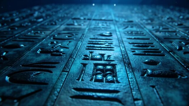 Close-up of ancient Chinese characters engraved on a dark stone surface with dramatic lighting.
